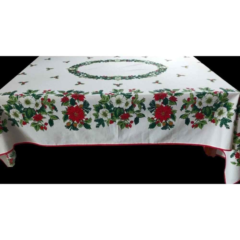 Vintage 52 x 74 Polyester Christmas Print Tablecloth Poinsettia/Holly Beautiful